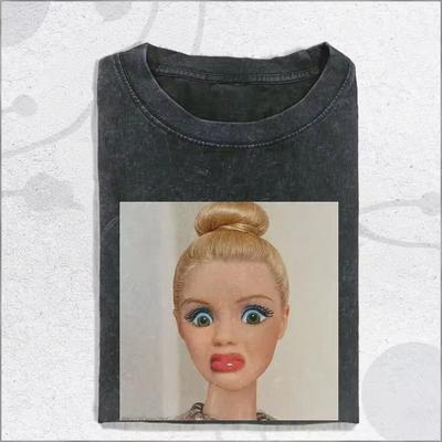 Retro Washed Grotesque Doll Shirt Eerie Blonde Doll Aesthetic T-shirt Pure Cotton Couple's Casual Spring/summer Graphic T Shirts