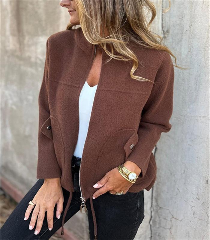Women's Grey Stand Collar Short Jacket with Multiple Color Options