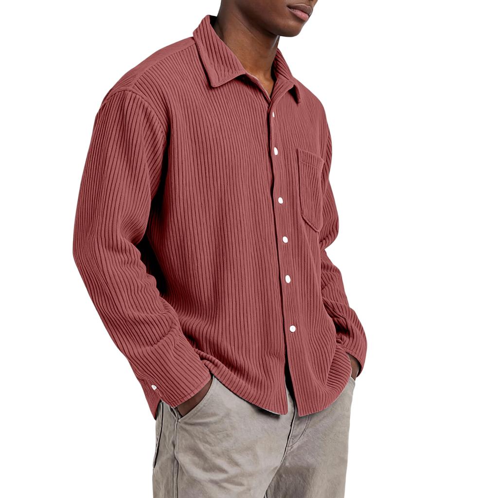 Men’s Long Sleeve Ribbed Button Down Shirt with Single Chest Pocket Relaxed Fit Collared Top for Everyday Wear