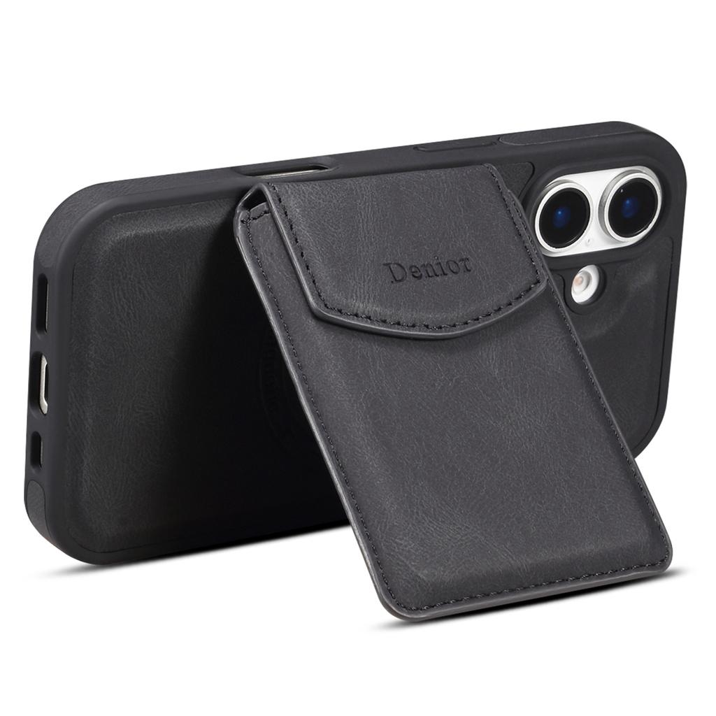 DENIOR D19 For iPhone 16 Magnetic Case Leather+PC+TPU Cover with Detachable Card Bag