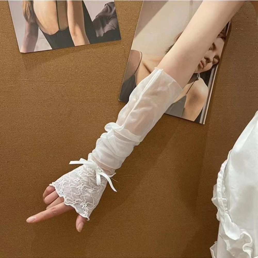 Bowknot Fingerless Gloves Sheer Lolita Gloves Y2K Mesh Gloves