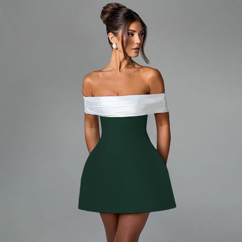 Nuovo vestito sexy francese Autunno 2026, stile europeo e americano temperamento slim monospalla colore a contrasto regalo