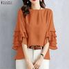 Blusa da Donna Casual Girocollo Monocolore con Volant Manica 3/4 Larga