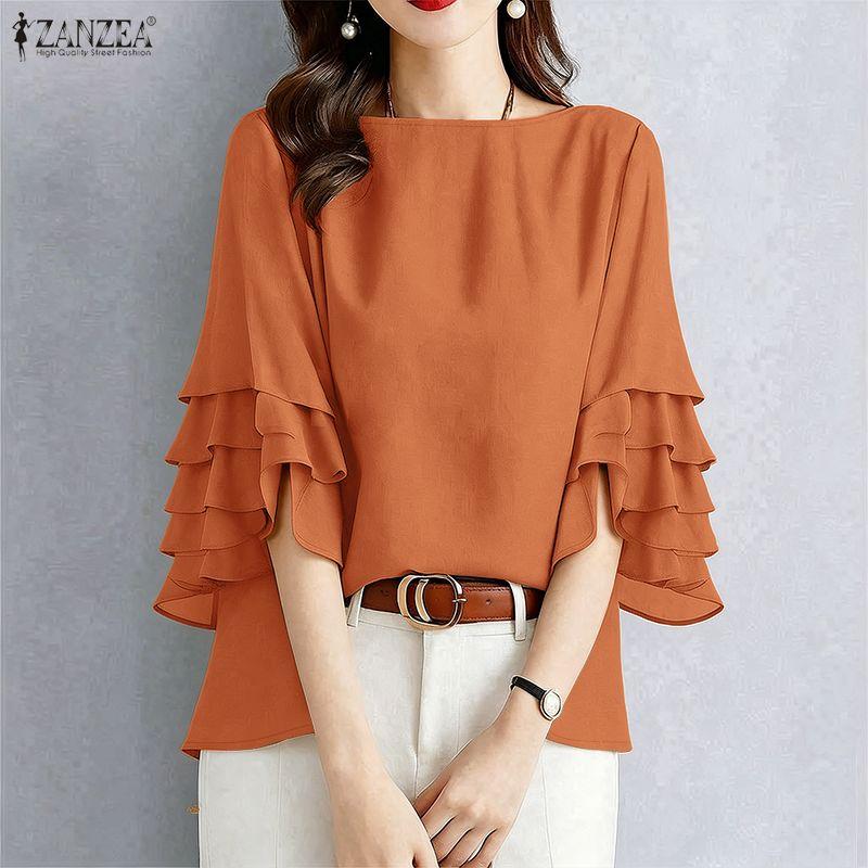 ZANZEA Blusa da Donna Casual Girocollo Monocolore con Volant Manica 3/4 Larga