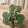 Green Artificial Floral Wreath St. Patrick's Day Wooden Clover Door Sign with Hemp Rope, Rustic Double Layer Shamrock Hanging St Patricks Party