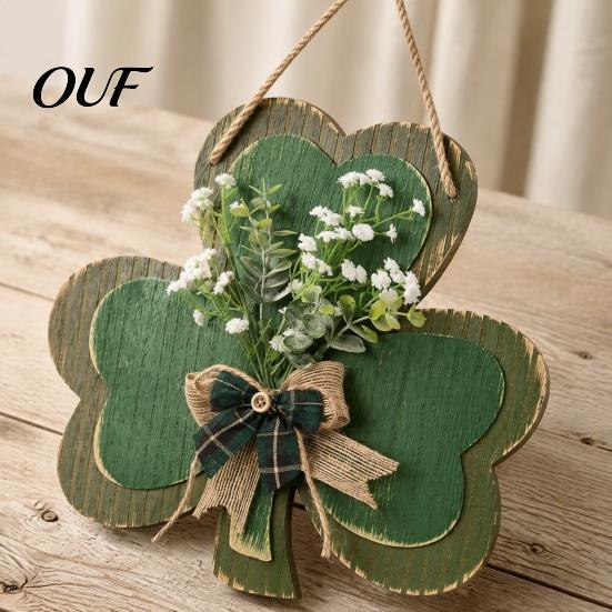 Green Artificial Floral Wreath St. Patrick's Day Wooden Clover Door Sign with Hemp Rope, Rustic Double Layer Shamrock Hanging St Patricks Party