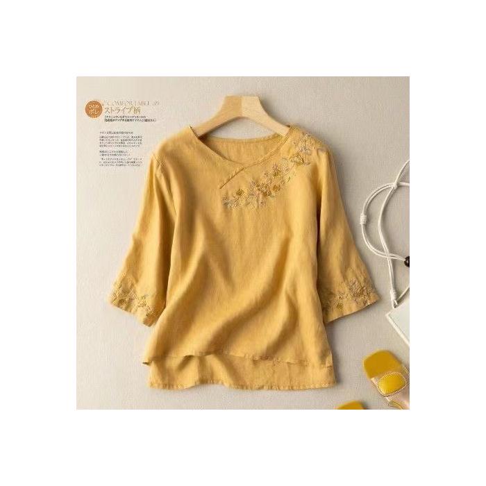 Women's Cotton Linen Embroidered Retro Shirt, Seven-Sleeve with Frog Button, Loose Plus Size Summer Top
