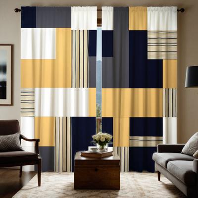 2 Stücke HD Digital Gelb Farbblockierende Geometrische Vorhänge Heimdekorationsstil Dekoration Wohnzimmer Schlafzimmer Stangenvorhang