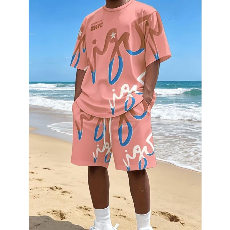 Urban Street Fashion Trend Men's Round Neck Short Sleeved Shorts Set, Outdoor Simple Casual and Comfortable