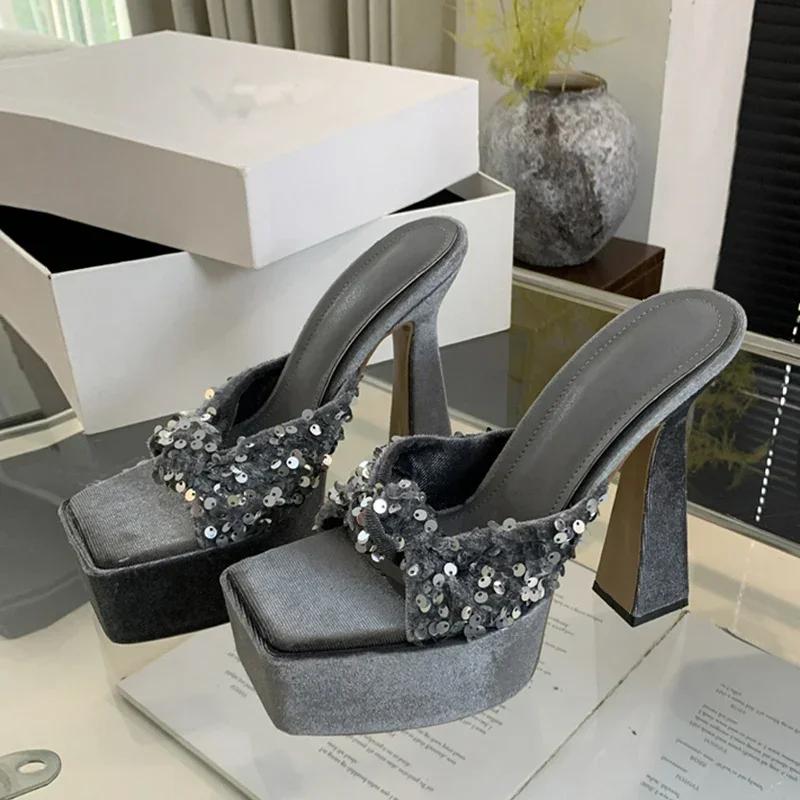 

Fashion Sexy Square Toe High Heels Women Modern Designer Summer Slippers Fish Scales Pleated Narrow Band Platform Sandal Ladies Shoes 35 серебряный