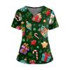 Women's Christmas Print V-Neck Double Pocket Short Sleeves Hem Slit Uniform And Caregiver Top
