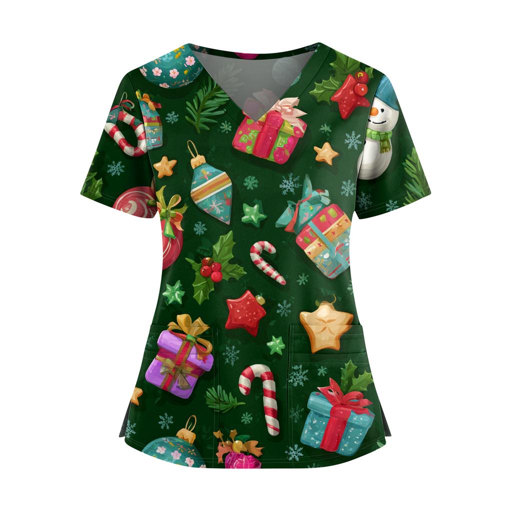 Women's Christmas Print V-Neck Double Pocket Short Sleeves Hem Slit Uniform And Caregiver Top