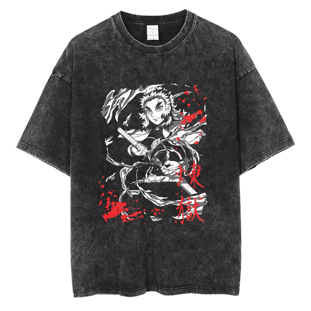 Tanjiro You Bean Shanyi Pattern T-shirt Men's Washed Cotton T-shirt Anime Devil Killer Daily Street Dressing