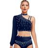 Damen Zeitgenössischer Tanz Top Asymmetrisch Transparentes Mesh Langarm Buntes Strass Crop Top