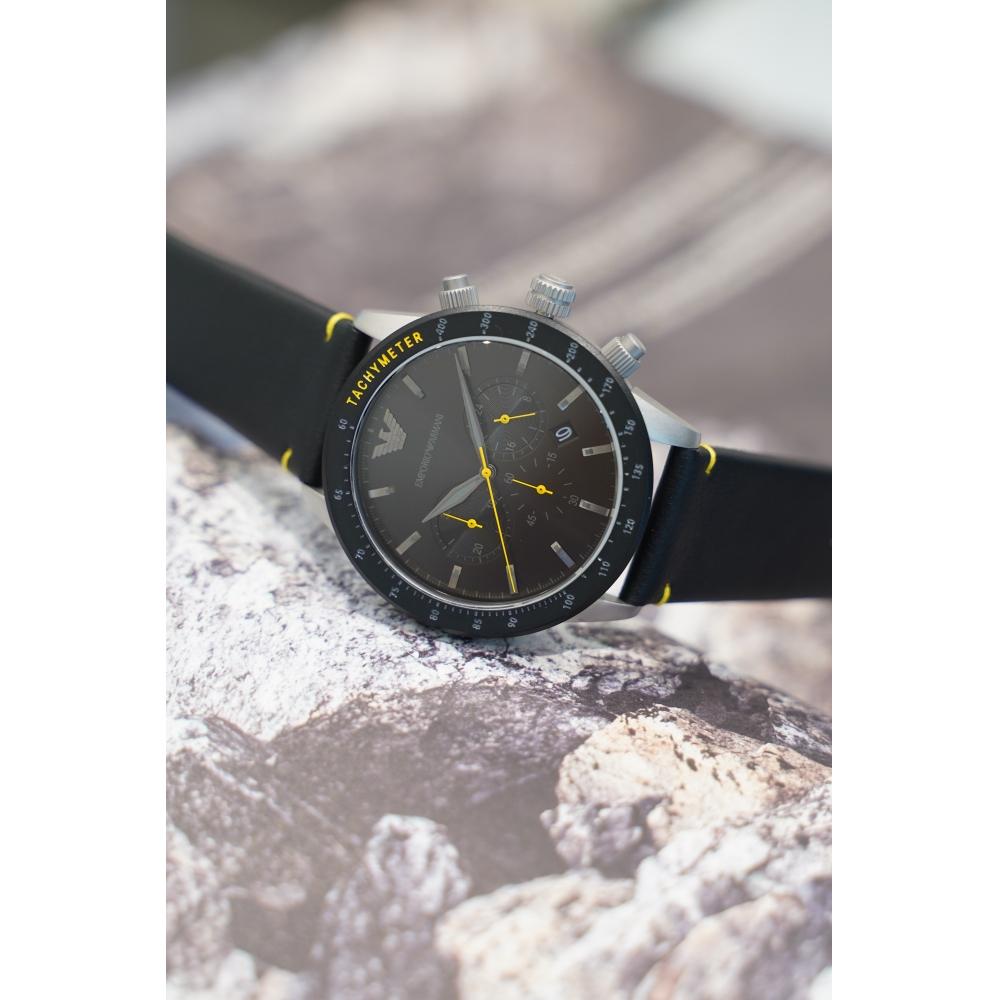 

Armani Emporio Armani Tachymeter Мужские кожаные часы Черные кварцевые часы AR11325