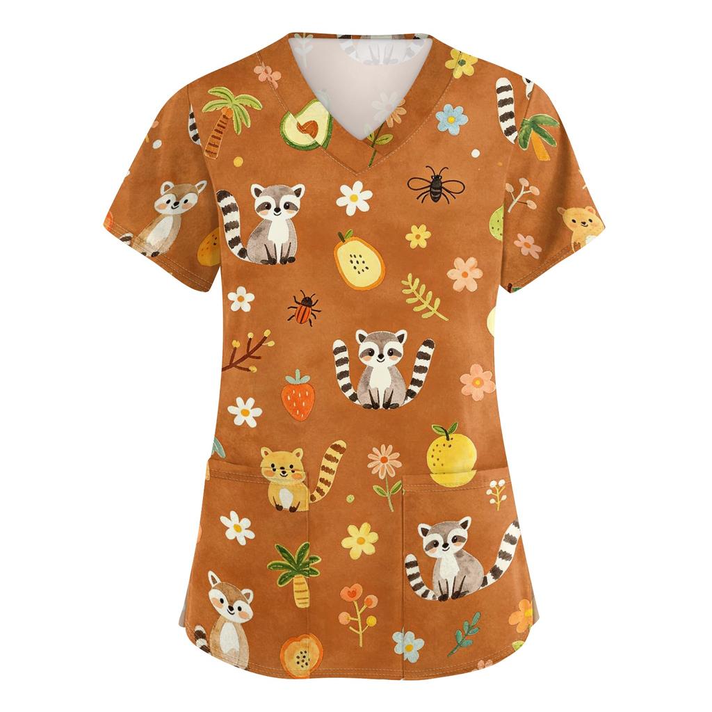 Damen V-Ausschnitt Kurzarm Arbeits-Top mit Taschen Tierprint Medizinisches Kasack-Shirt für medizinisches Fachpersonal Bequeme Passform Strapazierfähiges Gewebe