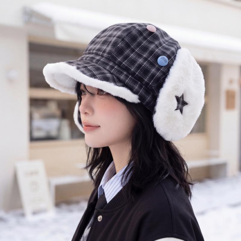 Winter Thick Earmuff Peaked Cap Korean Vintage Plush Warm Short Brim Cap