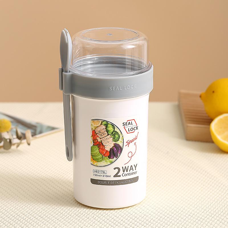 Portable Double-Layer Yogurt and Oatmeal Cup with Lid and Spoon for Salads and Nuts