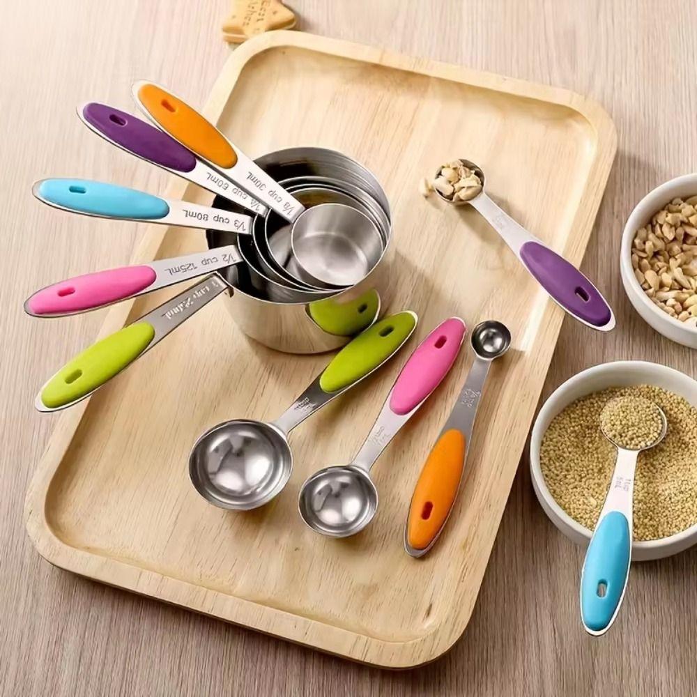 8/13Pcs Stainless Steel Measuring Spoons Set Long Handle Stackable Spoon Measuring Cups Set Teaspoon Colorful Coffee Sugar Scoop