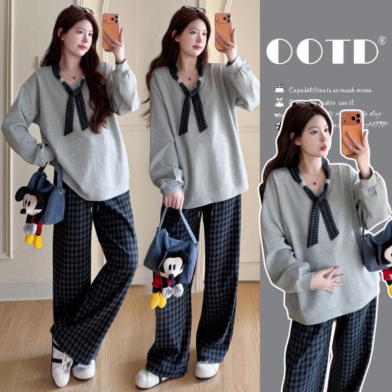 Spring 2026 Maternity Set: V-Neck Top & Plaid Pants M