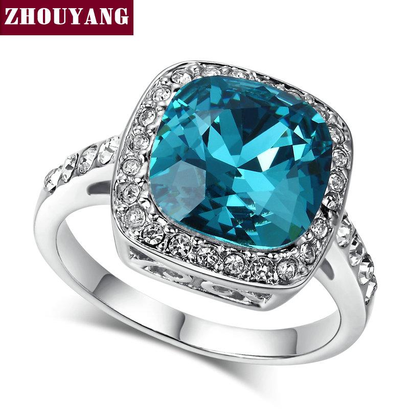 ZHOUYANG Classical Created Blue Crystal Silver Color Wedding Jewelry Ring Made with Genuine Austrian Crystals ZYR056