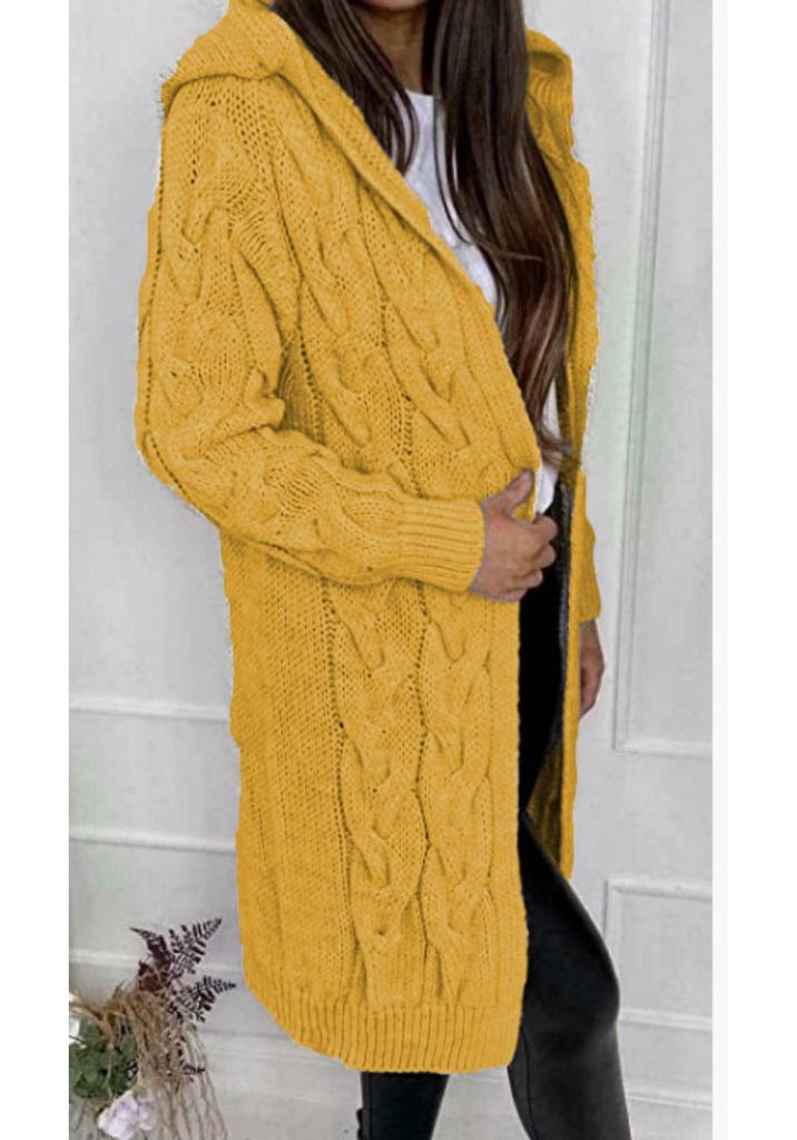 Herbst/Winter Gestrickter Kapuzen-Cardigan-Mantel - Mittellang Einfarbig Zopfmuster Strickware