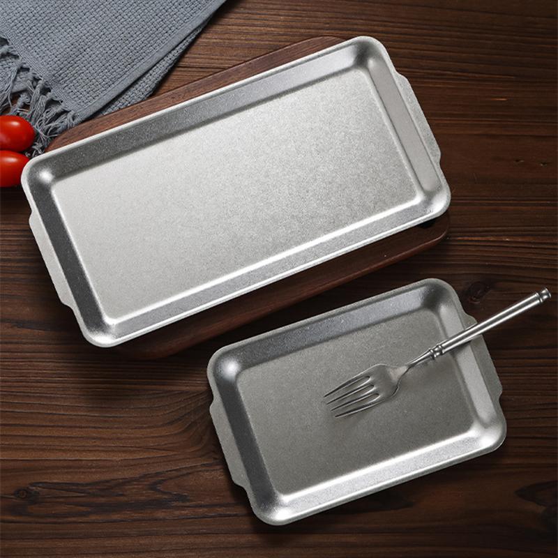 Retro Korean Style Stainless Steel Rectangular Plate Steak Barbecue Snack Storage Tray Kitchen Accessories