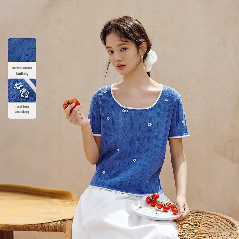 INMAN French Embroidered Hollow Knit Short-Sleeve Top XL