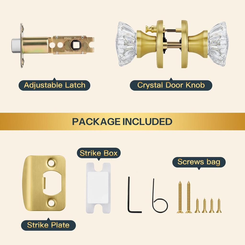 Privacy Crystal Door Knob, Gold Vintage Crystal Door Knob with Privacy Lock, Glass Doorknob Interior for Bathroom, Bedroom, Satin Brass