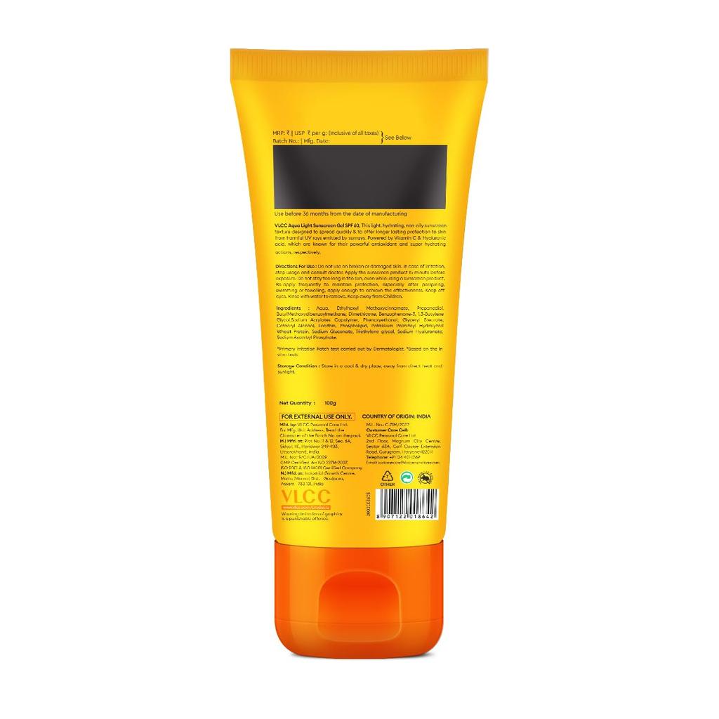 VLCC Aqua Light Sunscreen Gel SPF 60 PA++++ Hydrating Non Greasy Daily Sun Protection Gel For Outdoor Use 100 g