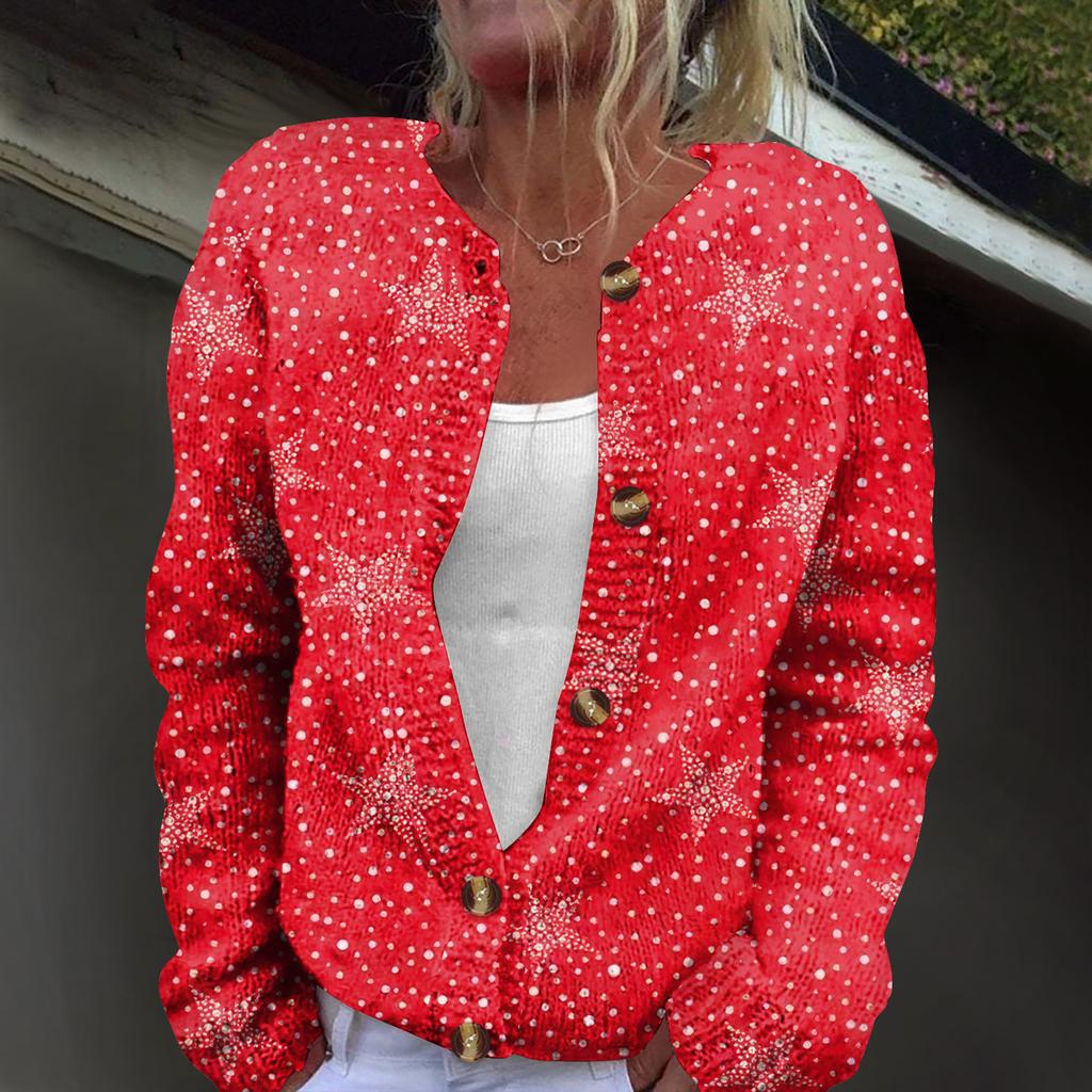 Women's Fashion Christmas Print Long Sleeve Knitted Cardigan Button Jacket