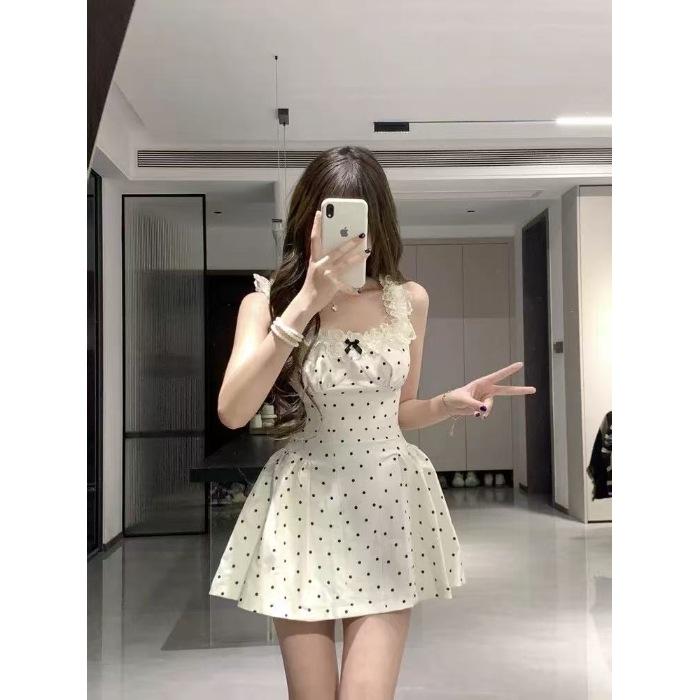French Sexy Wind Lace Polka Dot Bow Suspender Dress Female Slim Waist Temperament A Word Short Skirt Summer