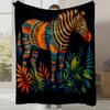 1pc Zebra & Tropical Jungle Animal Print Plush Fleece Blanket - Thick Quilted Striped Zebra Stripes with Green Foliage, Turquois