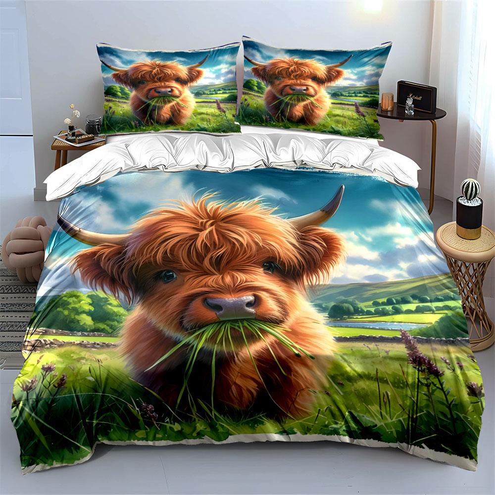 Furry Calf Eating Grass Duvet Cover Set With 3D Printing Design Soft Polyester Bedding Set All-Season Comfort Machine Washable
