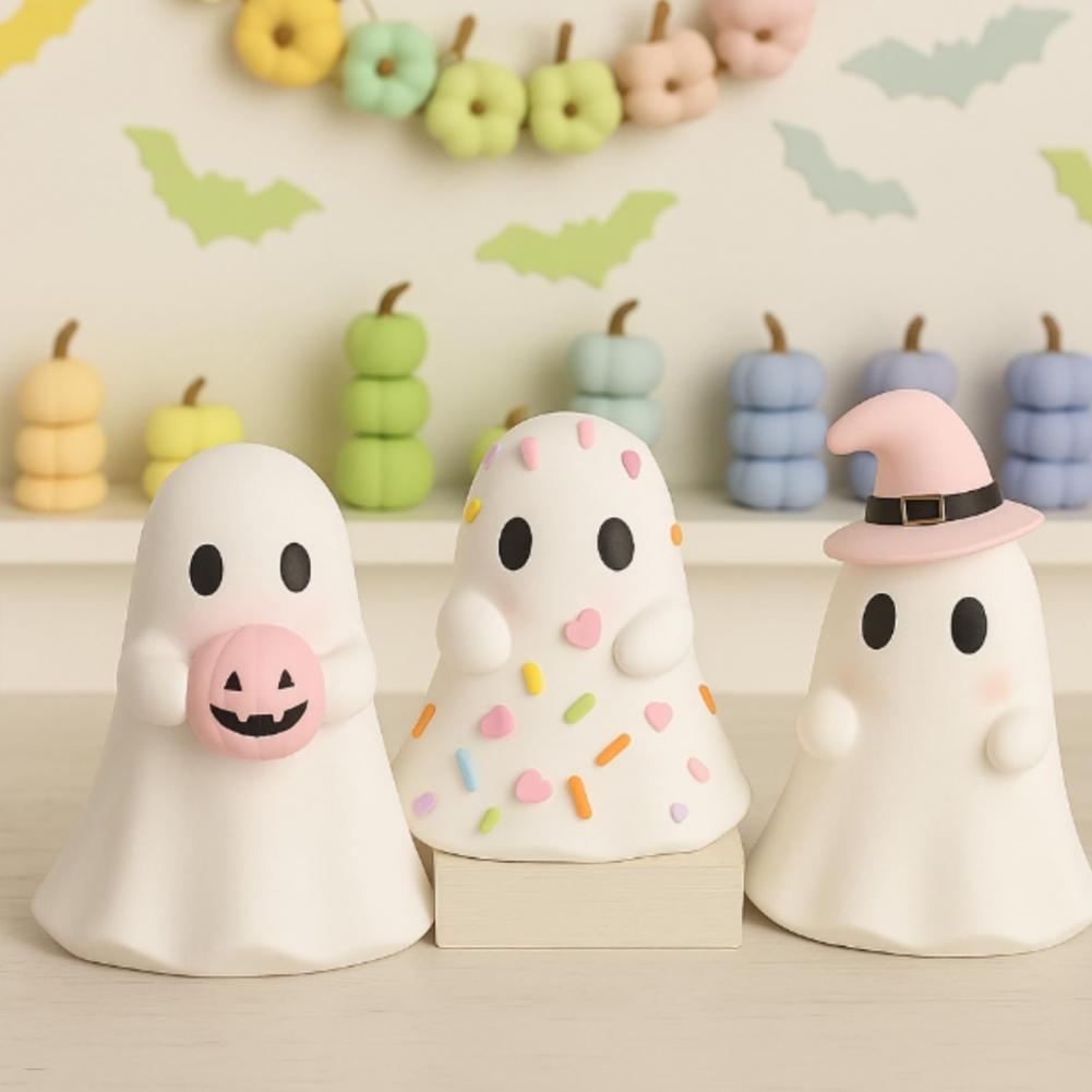 Cute Halloween Ghost Resin Figurine, Candy Pumpkin Witch Hat Desk Decor For Girls, Pink White Tabletop Ornament