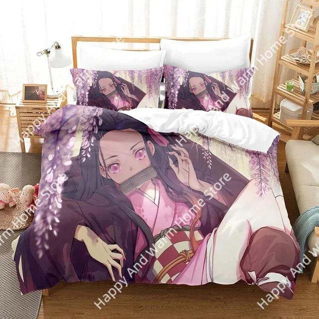 Anime Demon Slayer Beding Set Nezuko Kamado Soft Duvet Cover Warm Comforter Bed Linen Single Twin Ful Quen Sized Dimensions 3d Girl Young Boys Gift