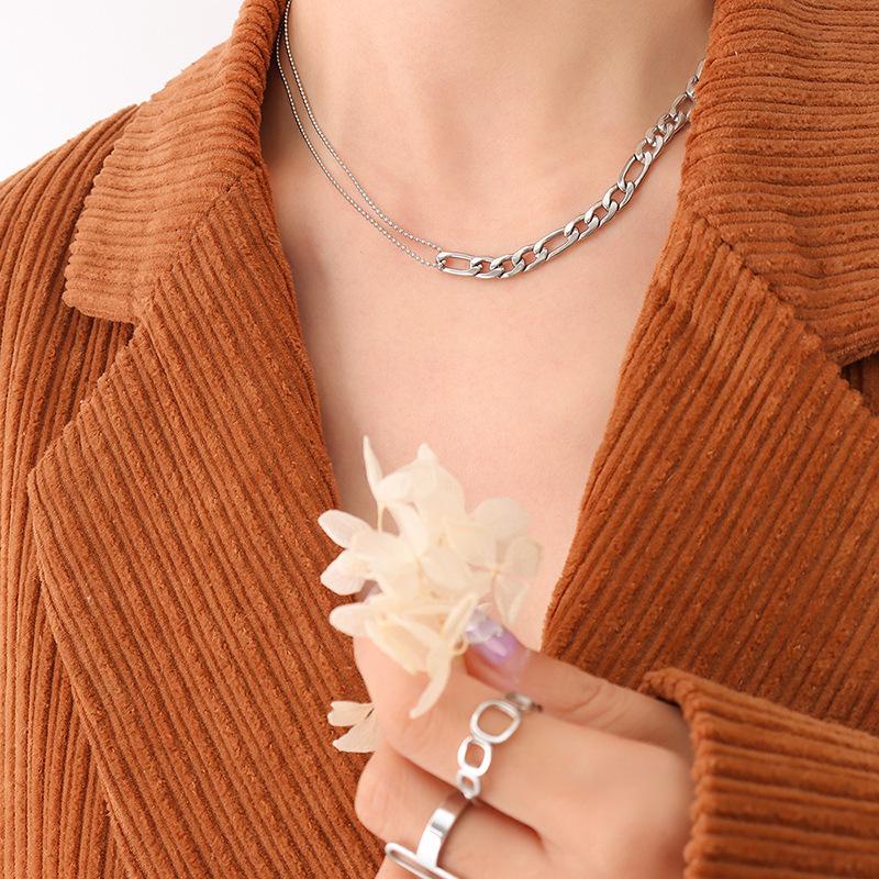 18K Gold Plated Bead Patchwork Necklace & Bracelet Set in Titanium Steel, European & American Fashion.