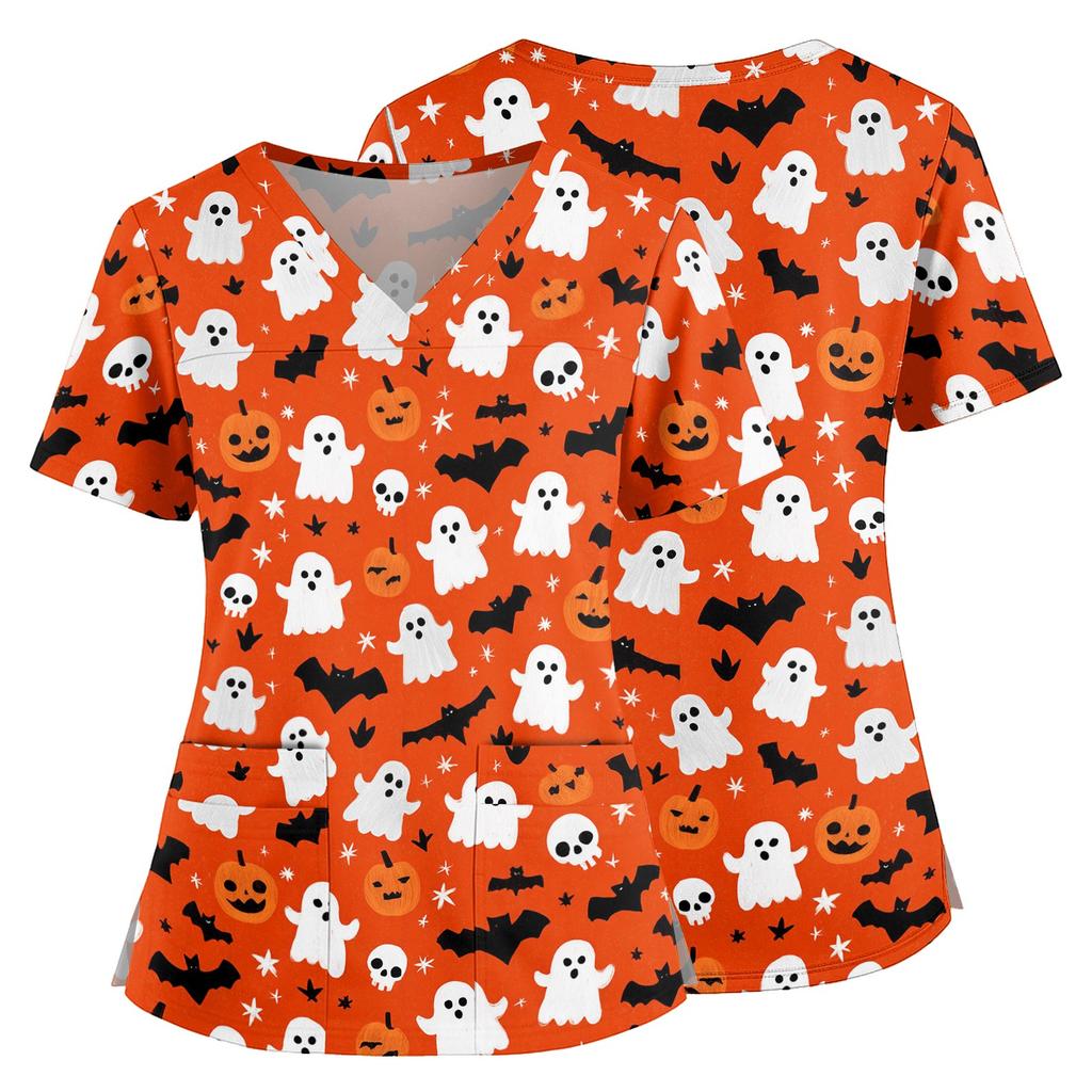 Womens V Neck Halloween Print Medical Scrub Top with Pockets Side Slits Short Sleeve Work Shirt for Healthcare Professionals