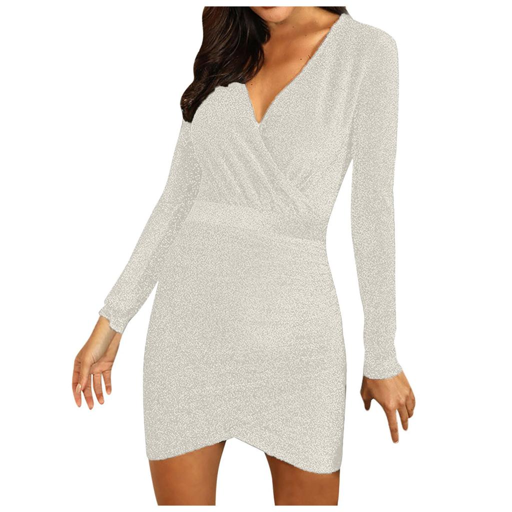 Damen Einfarbig Langarm Kreuz V-Ausschnitt Sexy Bag Hip Slim Glänzendes Abendkleid Knielanges Kleid