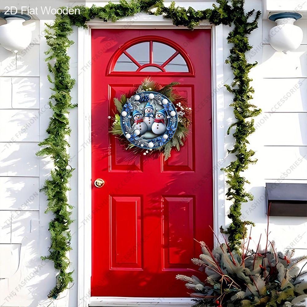 Three Snowmen Blue Wreath Round Wooden Hanging Sign, 2D Printed Christmas Front Door Wall Ornament