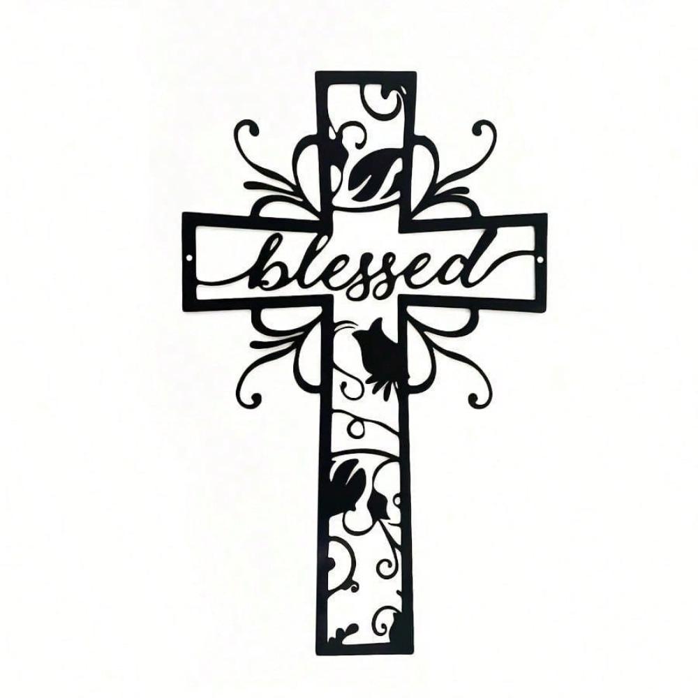 1 PC Blessed Cross with Lucky Clover and Good Looking Decorative Branch Pattern Metal Wall Art Modern Home Decor for Bedroom, Living Room, or Bathroom