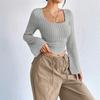 European and American Spring/summer Women's Fashionable Elegant T-shirt, Square Neck Flared Long-sleeve Top