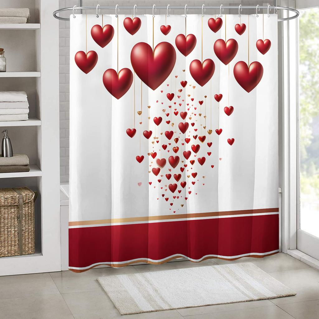 1pc Golden chain red balloon and red rectangular printed shower curtain polyester fabric with hooks Valentine's Day window