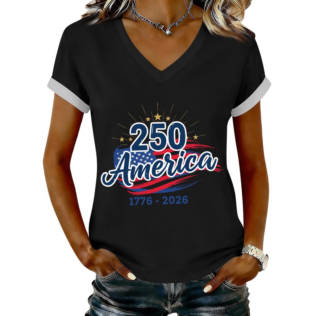 Women's Casual Printed T-Shirt V Neck Pullover Short Sleeve Top