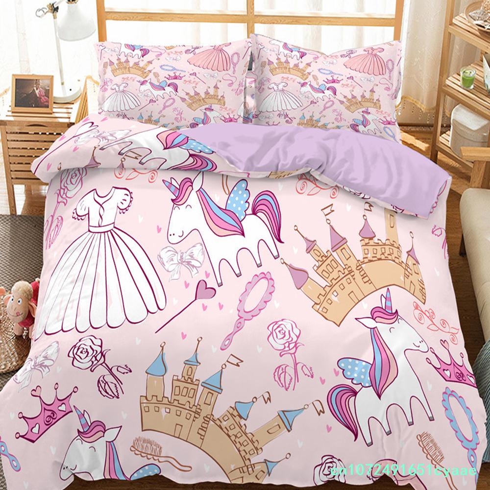 Kids Cartoon Duvet Cover Set Full/Queen Microfiber 3D Bedding Set Soft Pink Castle Princess Comforter Cover With Home Textile