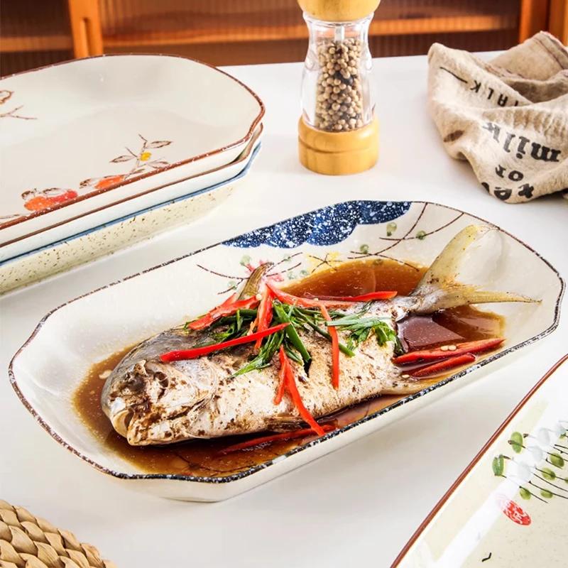 Retro Chinese Style Ceramic Plate Luxury Restaurant Large Fish Plate Exquisite Craftsmanship Dining Plates Household Tableware