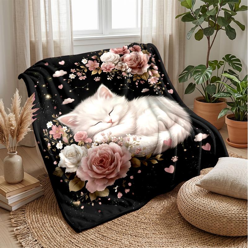Floral Cats Tree Artwork Theme blanket Lightweight Warm Flannel Blanket Decorative Throw Blanket for Home Decoration