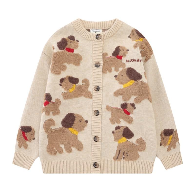 American Vintage Cartoon Dog Fluffy Knit Cardigan Loose Fit Casual Sweater Couples