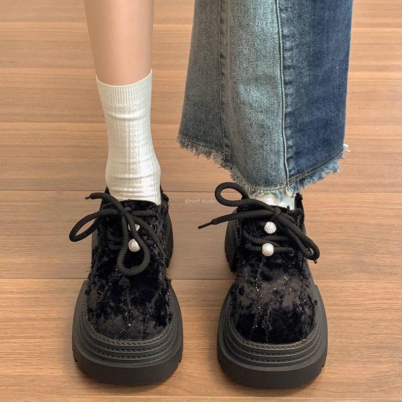 Big Head Lace-up Small Leather Shoes Women's 2025 Spring New Small Platform Women's Shoes Fashion Heightening Loafers