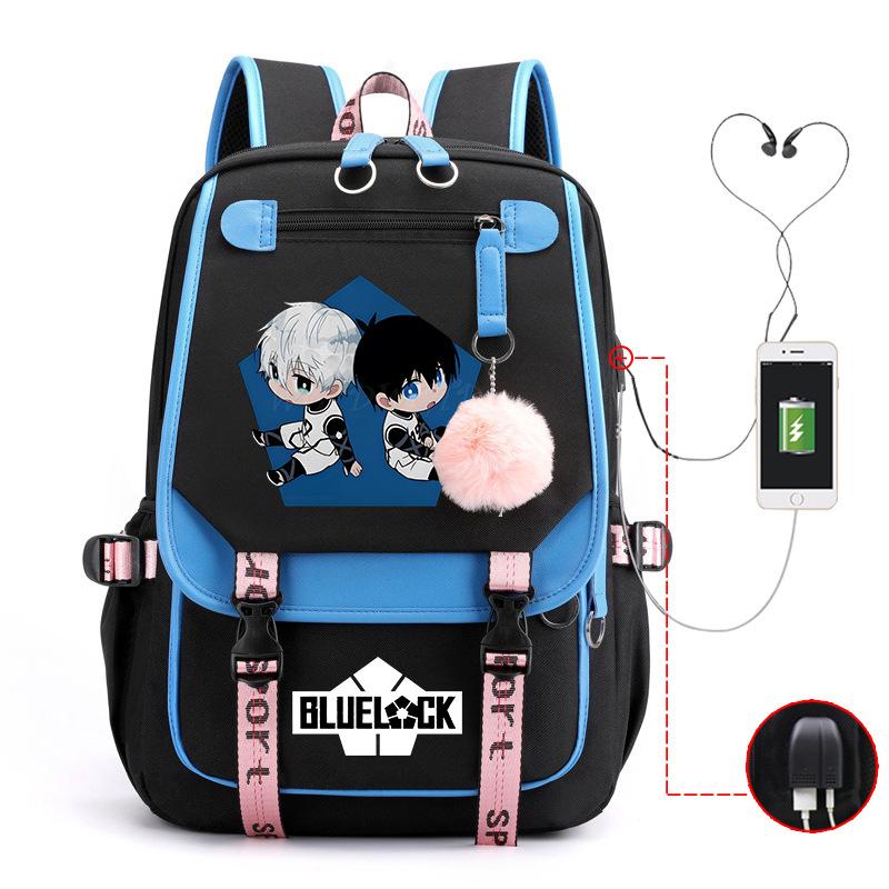 Blaues Gefängnis Anime Schultasche College Stil Große Kapazität Mittelschüler USB Rucksack
